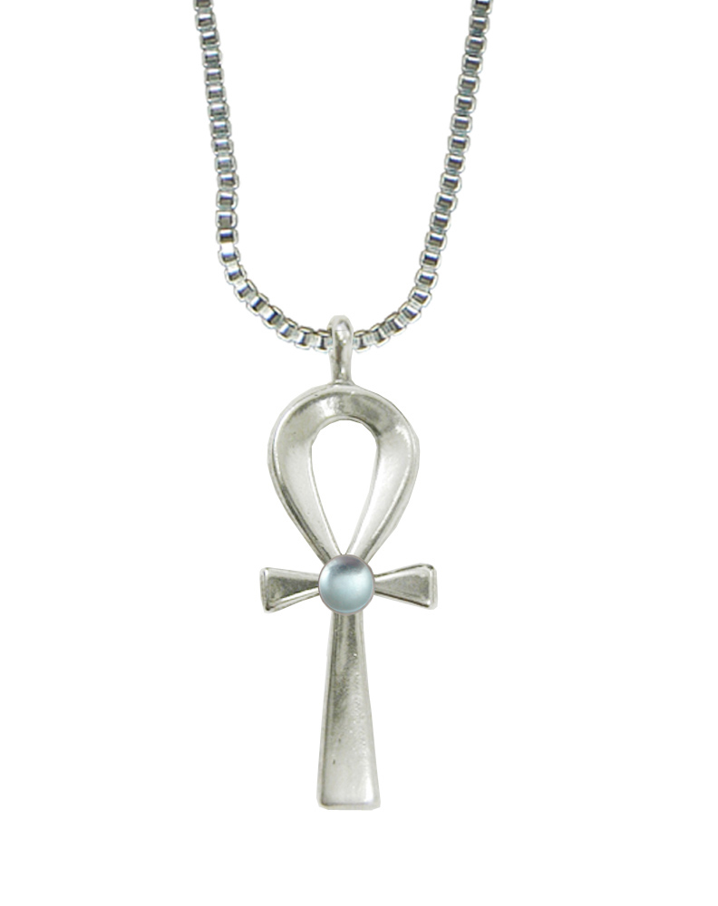 Sterling Silver Ankh Pendant With Blue Topaz